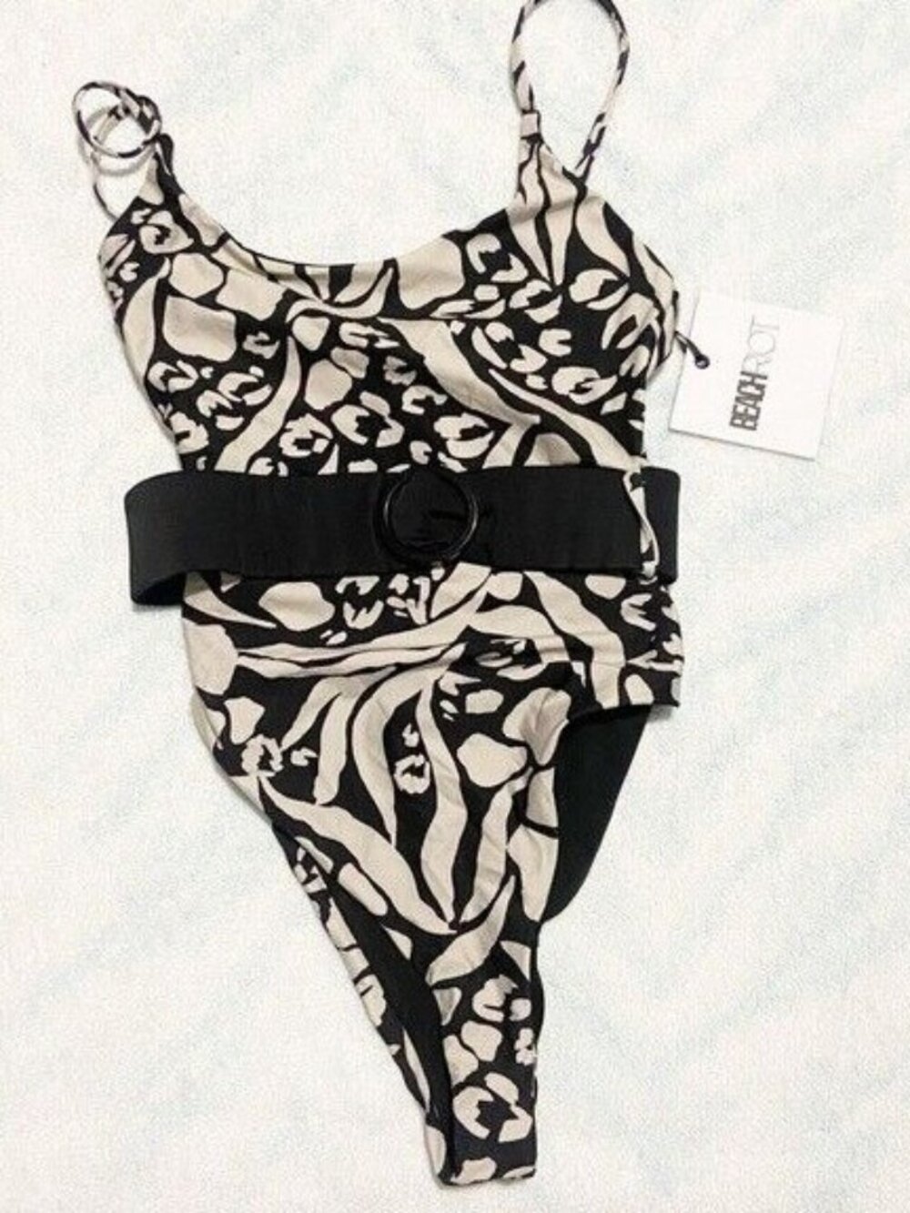 Beach Riot Julia Belted One Piece Swimsuit Black White Print XS NWT